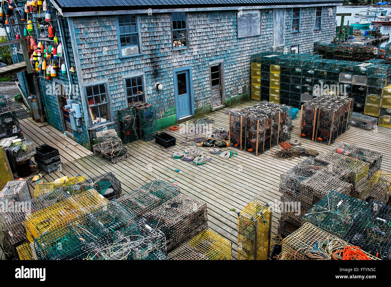 Lobster traps and warehouse, Bernard, Maine, USA Stock Photo
