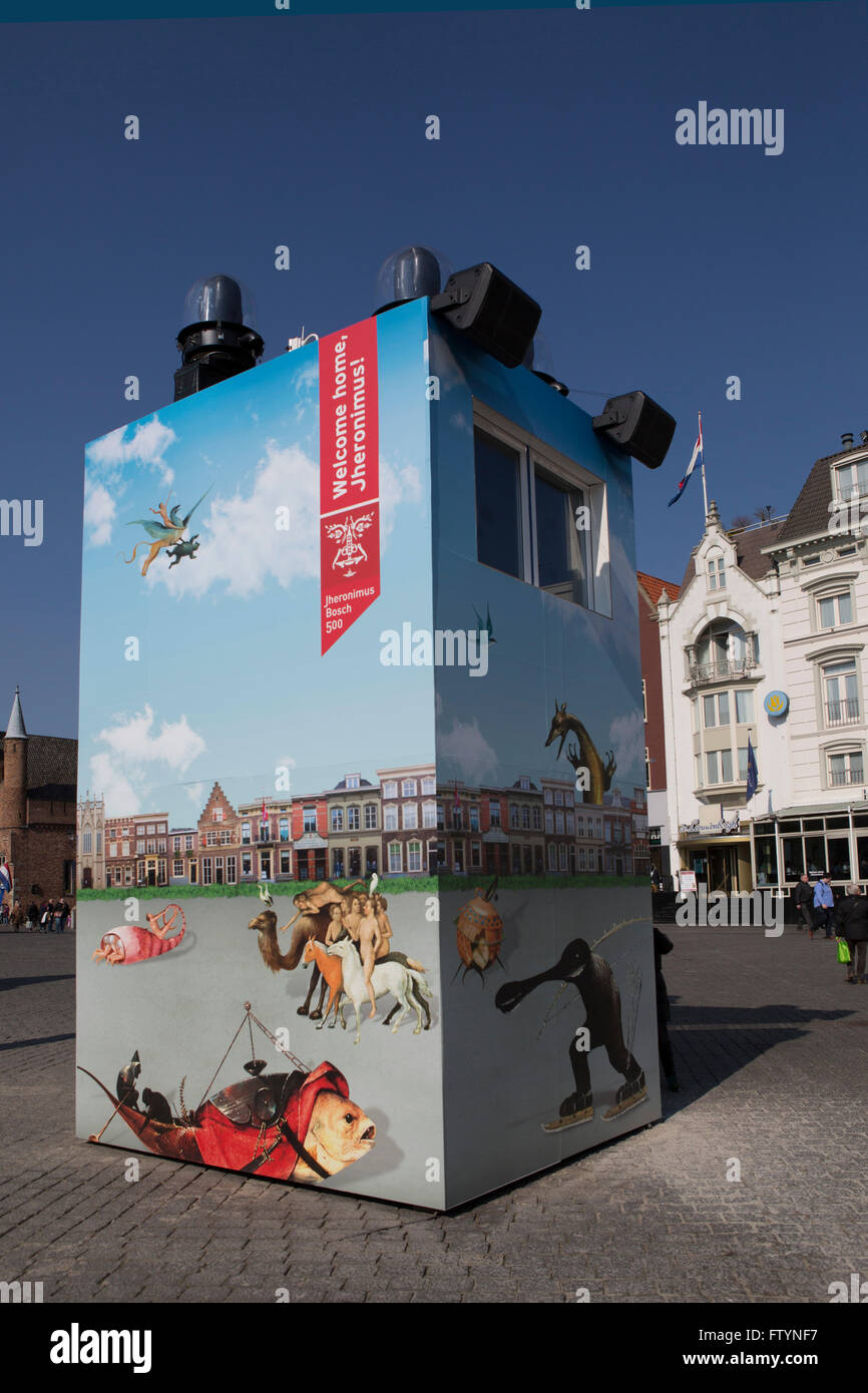 Details from paintings by the artist Heironymus Bosch on the marketplace in 's-Hertogenbosch in the Netherlands. The tower proje Stock Photo