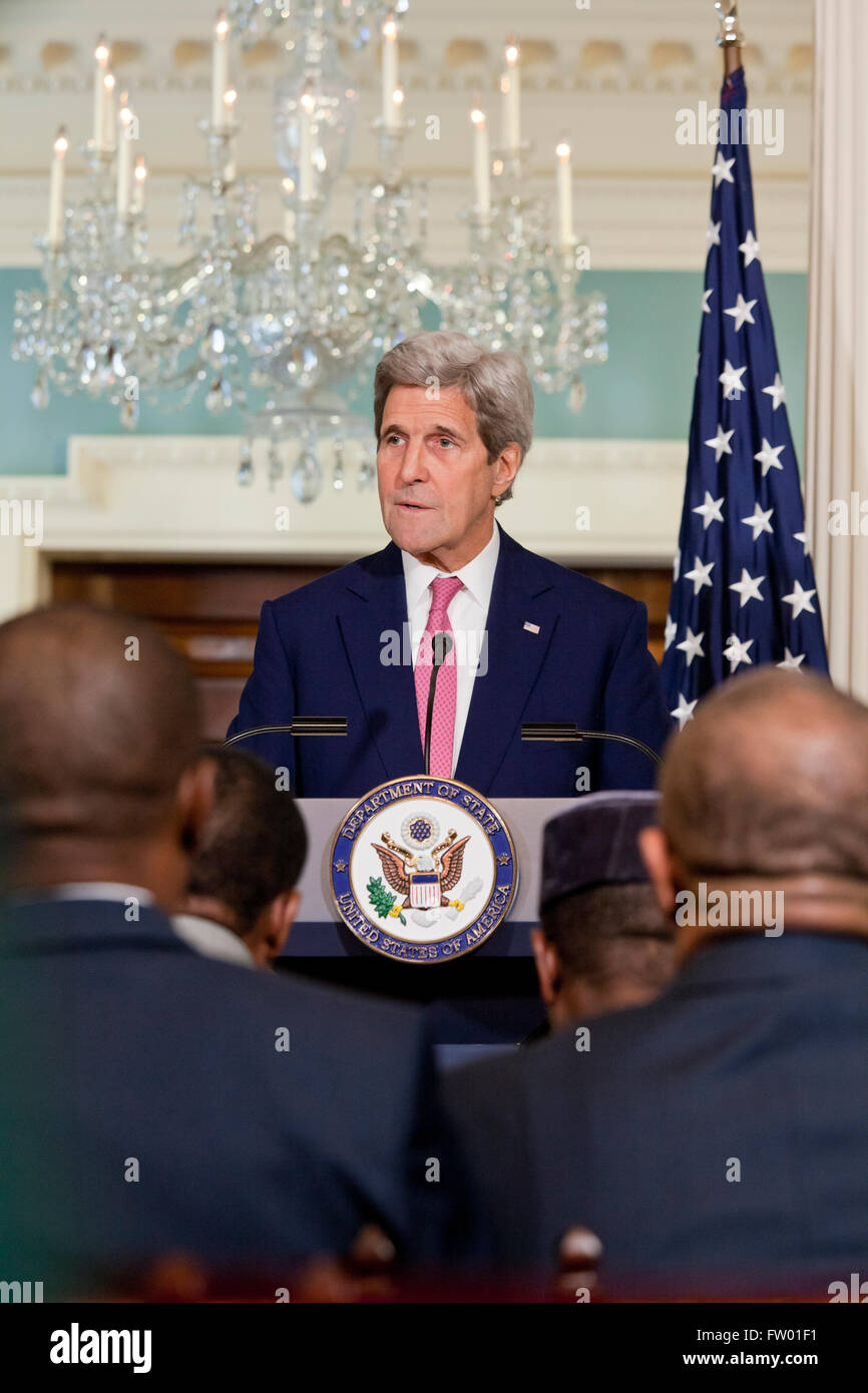 Washington DC, USA. 30th March, 2016. Secretary of State John Kerry and Nigerian Foreign Minister Geoffrey Onyeama hold US-Nigeria Binational Commission briefing in the Treaty Room of the US State Department. Credit:  B Christopher/Alamy Live News Stock Photo