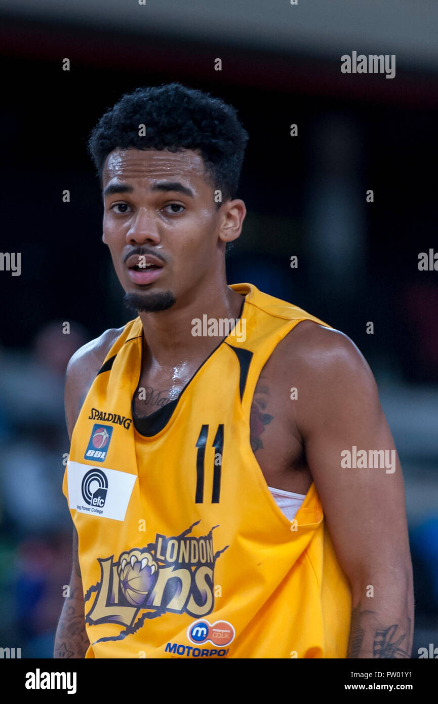 London, UK. 30th March 2016. Lions guard (11), Nick Lewis, on court as London Lions play Cheshire Phoenix in the British Basketball League (BBL) game at the Copper Box , Queen Elizabeth Olympic Park. Final score - London Lions 79, Cheshire Phoenix 69.  Credit:  Stephen Chung / Alamy Live News Stock Photo
