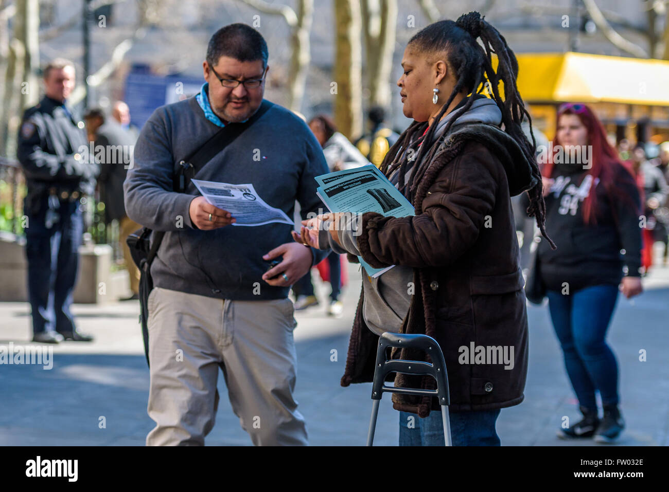 Brooklyn, United States. 30th Mar, 2016. Public outreach at the press conference and Community SpeakOut at 12 p.m. ET outside of Brooklyn Borough Hall, announcing the launch of the “Whose City? Our City!” campaign. Credit:  Erik Mc Gregor/Pacific Press/Alamy Live News Stock Photo