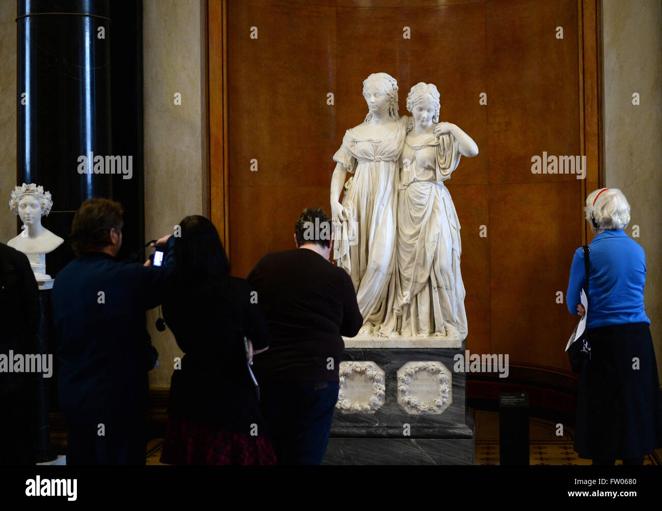 The marble statue of Princesses Louise and Frederica of Prussia by Johann Gottfried Schadow in the Alte Nationalgalerie museum on Museum Island in Berlin, Germany, 31 March 2016. Photo: JENS KALAENE/dpa Stock Photo