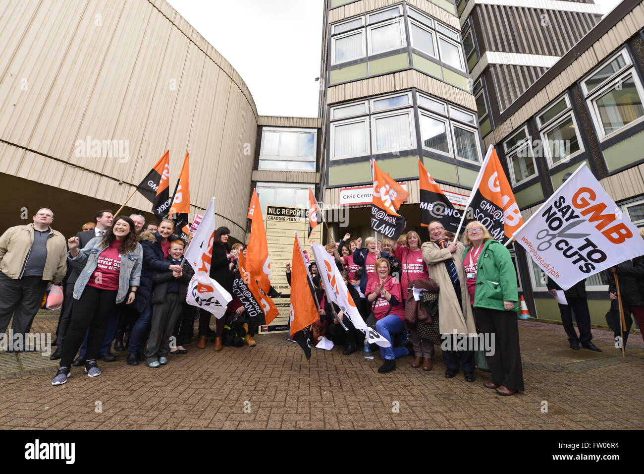 Motherwell, North Lanarkshire, GBR - 31 March: GMB Scotland members and supporters took part in a demonstration for equal pay on Thursday 31 March 2016 in Motherwell, North Lanarkshire. The Union is calling on North Lanarkshire council to settle their claims or face legal action. Stock Photo