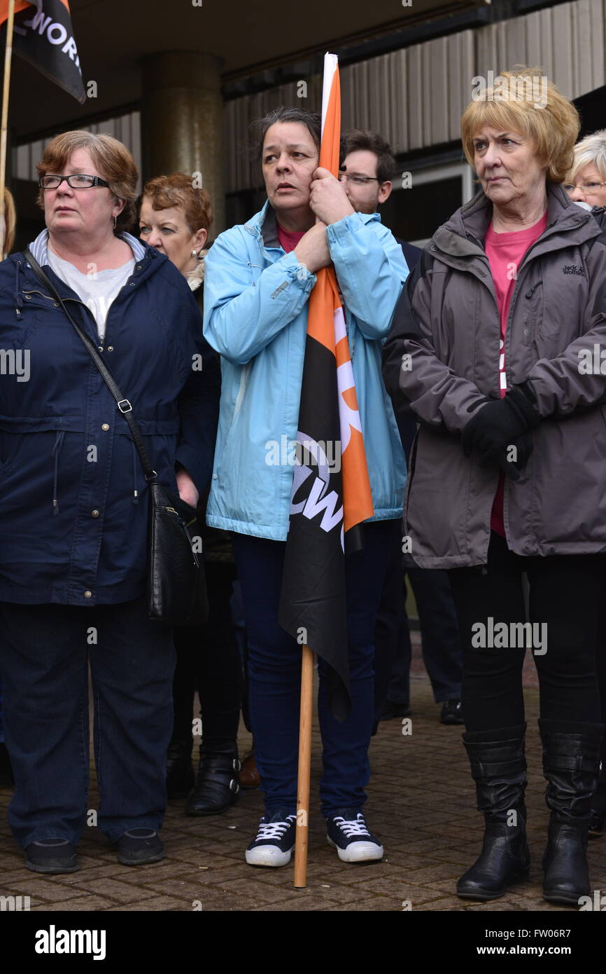 Motherwell, North Lanarkshire, GBR - 31 March: GMB Scotland members and supporters took part in a demonstration for equal pay on Thursday 31 March 2016 in Motherwell, North Lanarkshire. The Union is calling on North Lanarkshire council to settle their claims or face legal action. Stock Photo