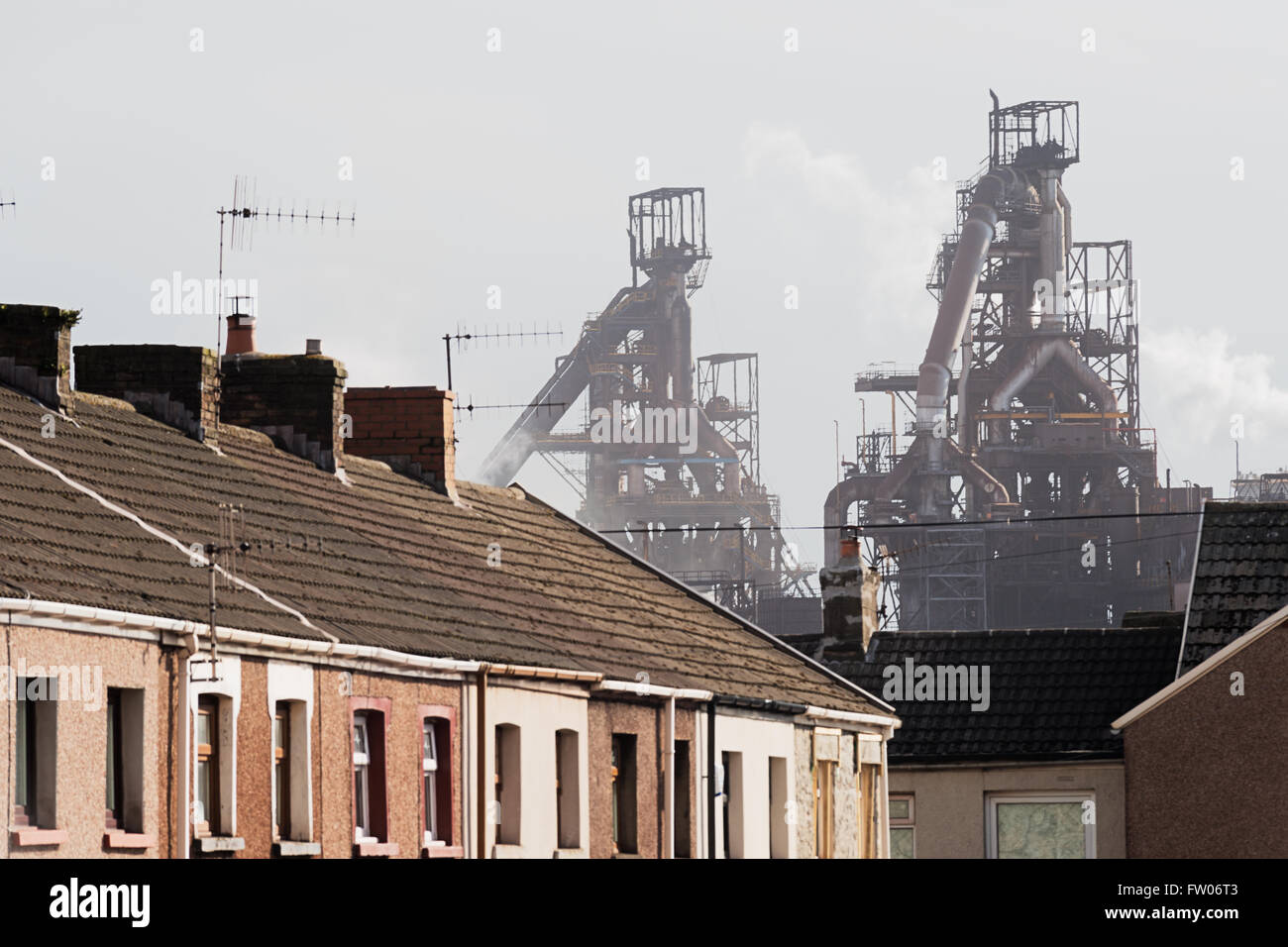 Port Talbot housing in front of the Tata Steel plant, south Wales Stock