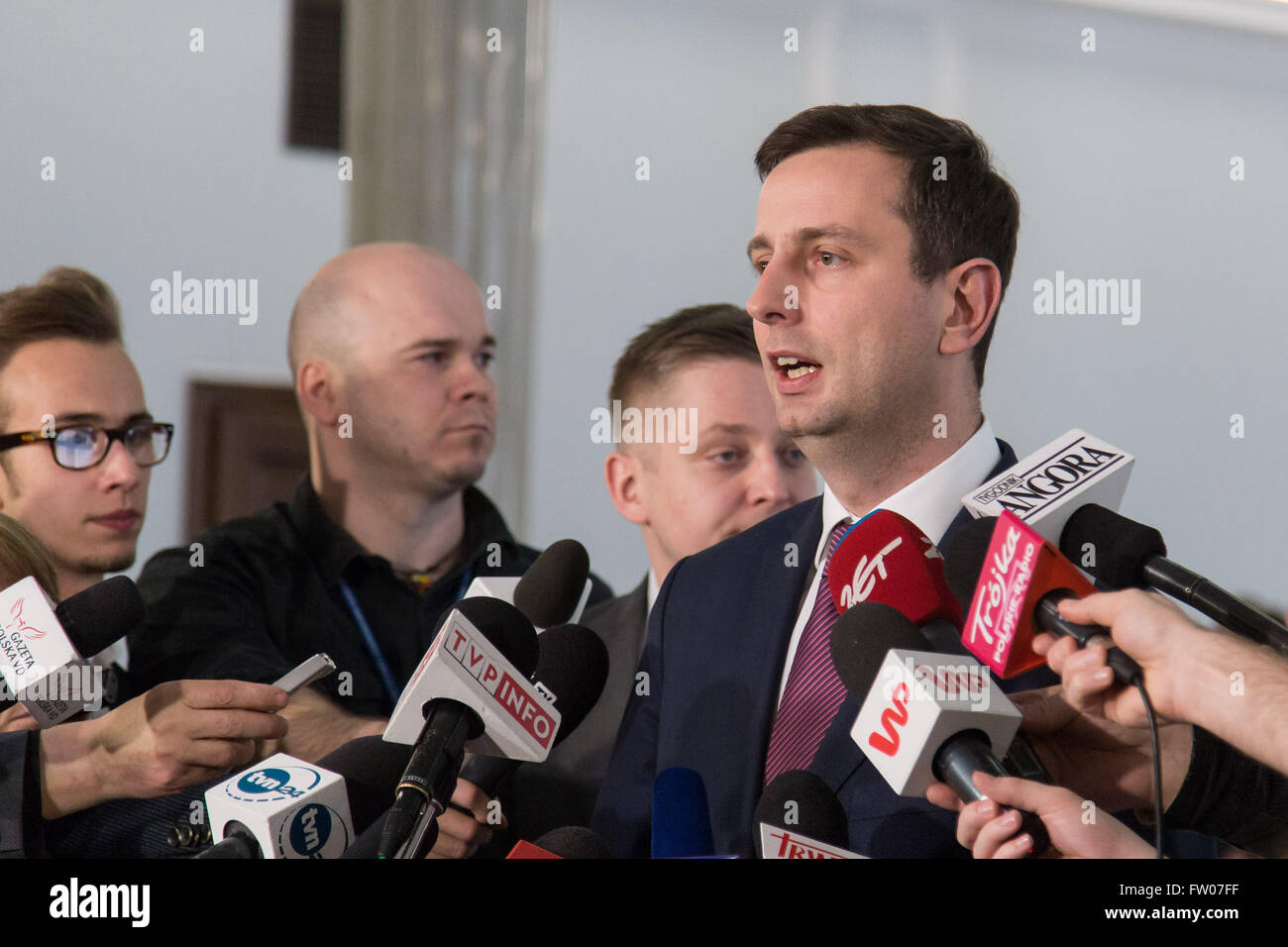 Warsaw, Poland. 31st Mar, 2016. Leader of Polish People's Party (PSL), Wladyslaw Kosiniak-Kamysz during a press conference after meeting of leaders of eight polish political parties in a bid to resolve Poland's constitutional crisis. © Mateusz Wlodarczyk/Pacific Press/Alamy Live News Stock Photo