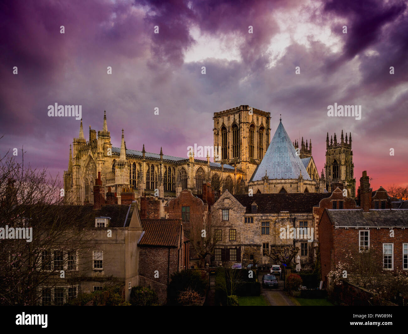 York, UK. 31st March, 2016. Sunset at York Minster after completion of a £20M restoration project on the East Window. The scheme, said to be one of the largest restoration projects of its kind in Europe, included work to restore the cathedral's 600-year-old East Front and Great East Window. The five-year project, which started in 2011, also saw the building of a new exhibition in the underground chambers. A £10.5m grant from the Heritage Lottery Fund supported the project.  Photo Bailey-Cooper Photography/Alamy Live News Stock Photo