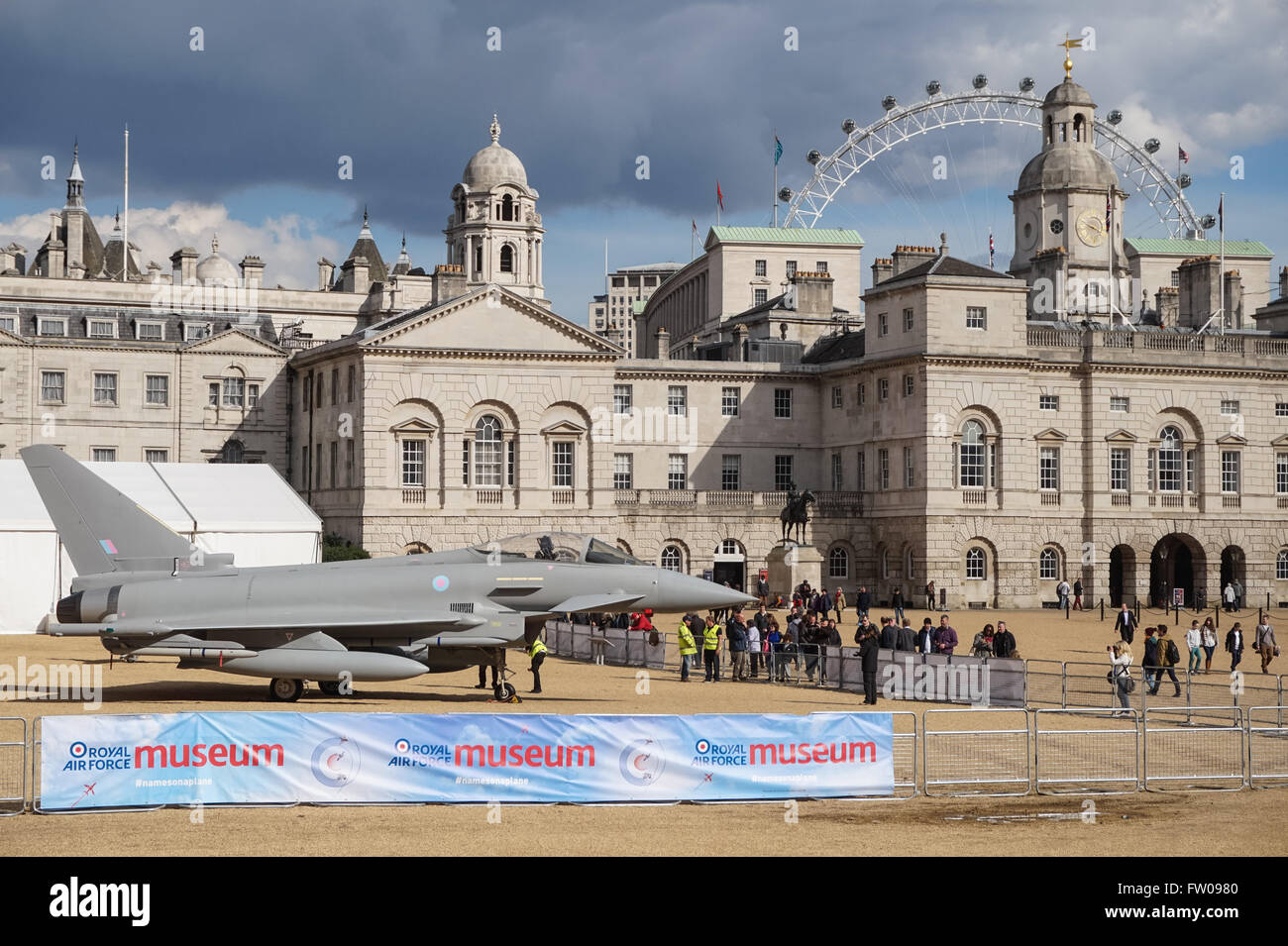Full-size replica of a Eurofighter Typhoon exhibited at Horse Guards Parade in London to mark the 100th anniversary of the RAF, London England United Kingdom UK Stock Photo