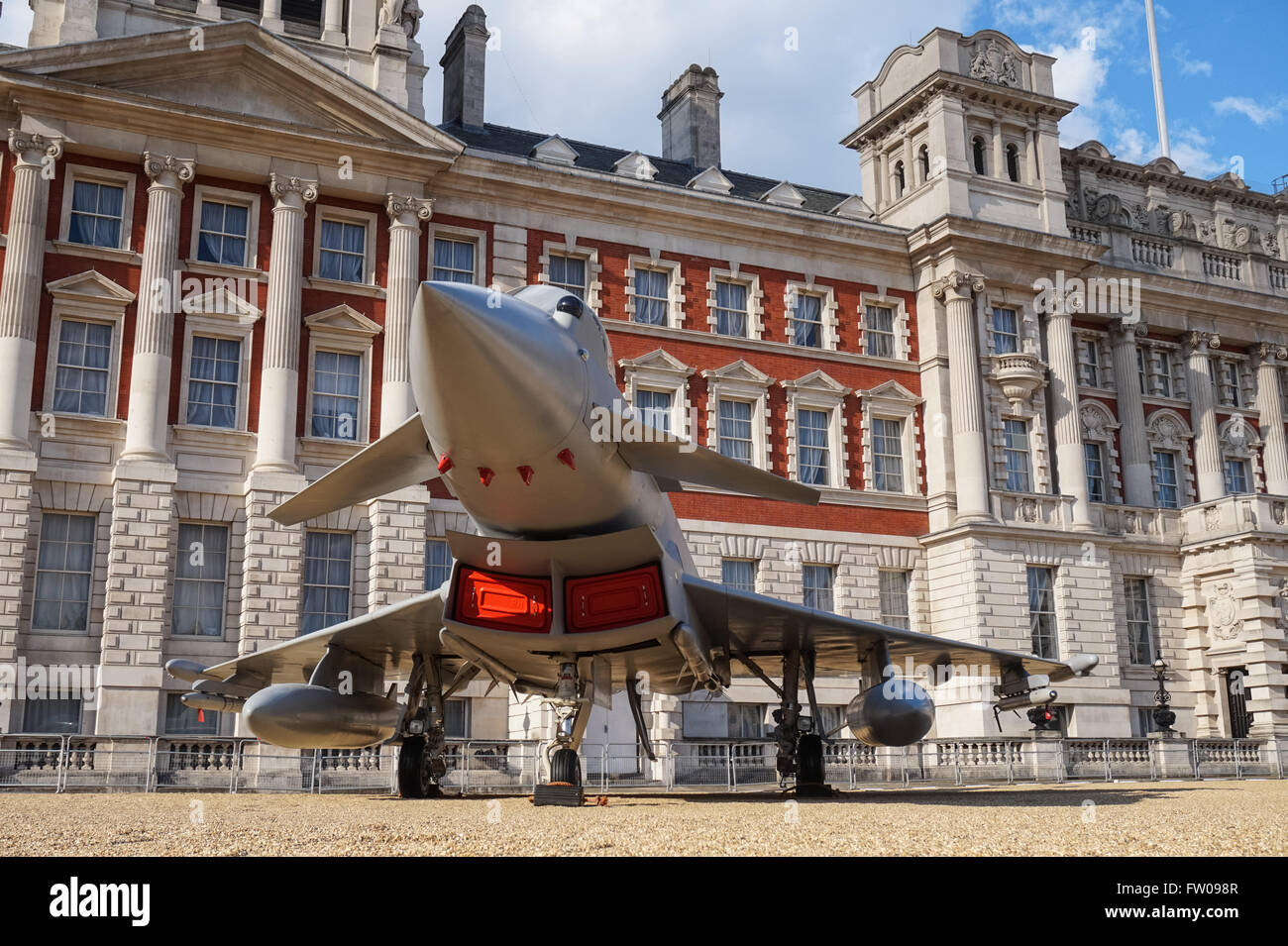Full-size replica of a Eurofighter Typhoon exhibited at Horse Guards Parade in London to mark the 100th anniversary of the RAF, London England United Kingdom UK Stock Photo