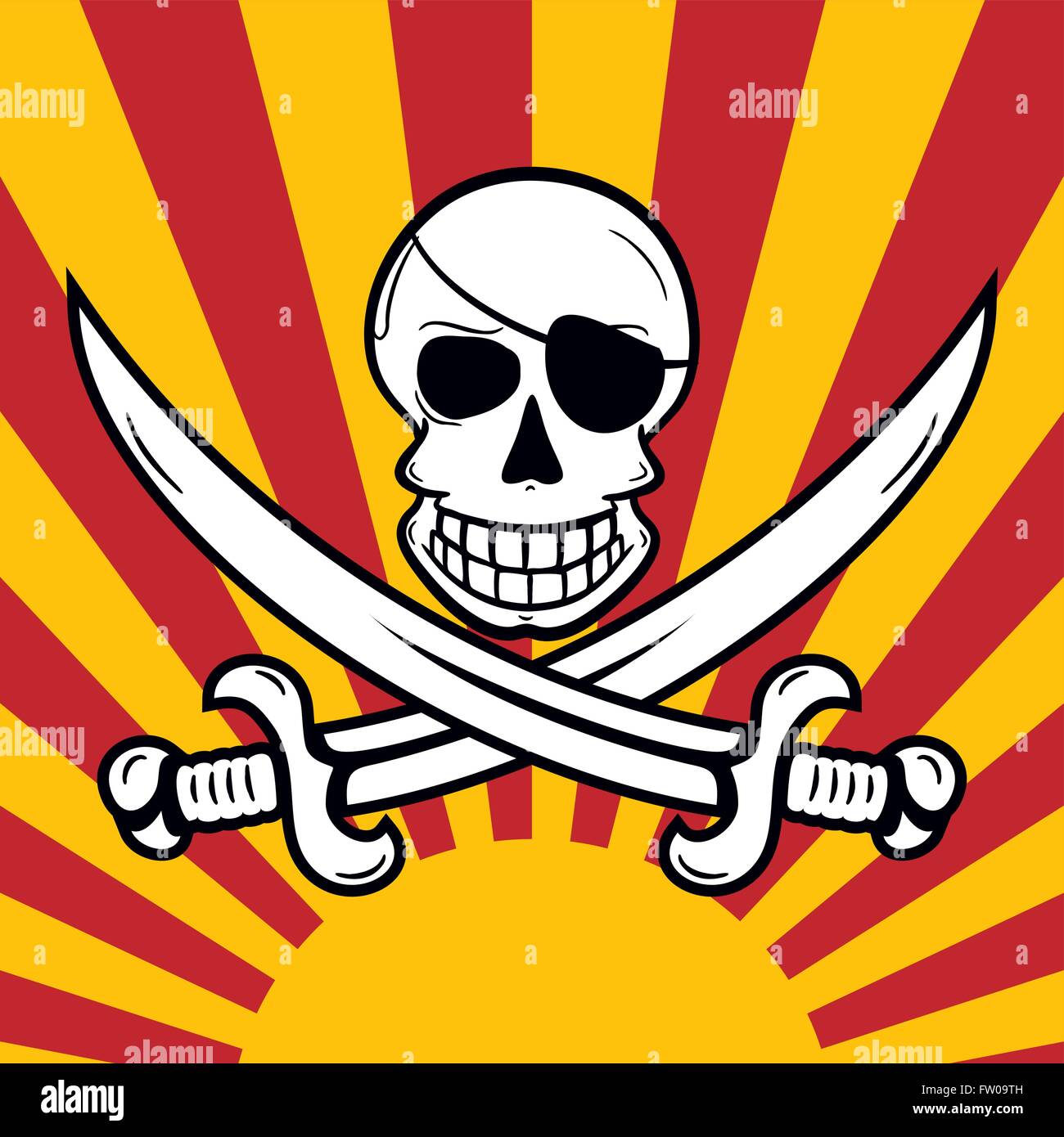 Jolly Roger pirate flag à la Jack Rackham with a skull and two crossing swords and a sunset / sunrise background Stock Vector