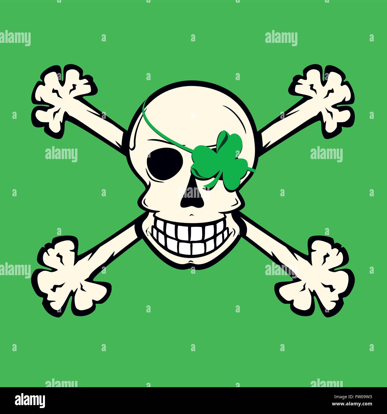 Jolly Roger a la Irish with green shamrock eyepatch, skull, bones and green background. Stock Vector