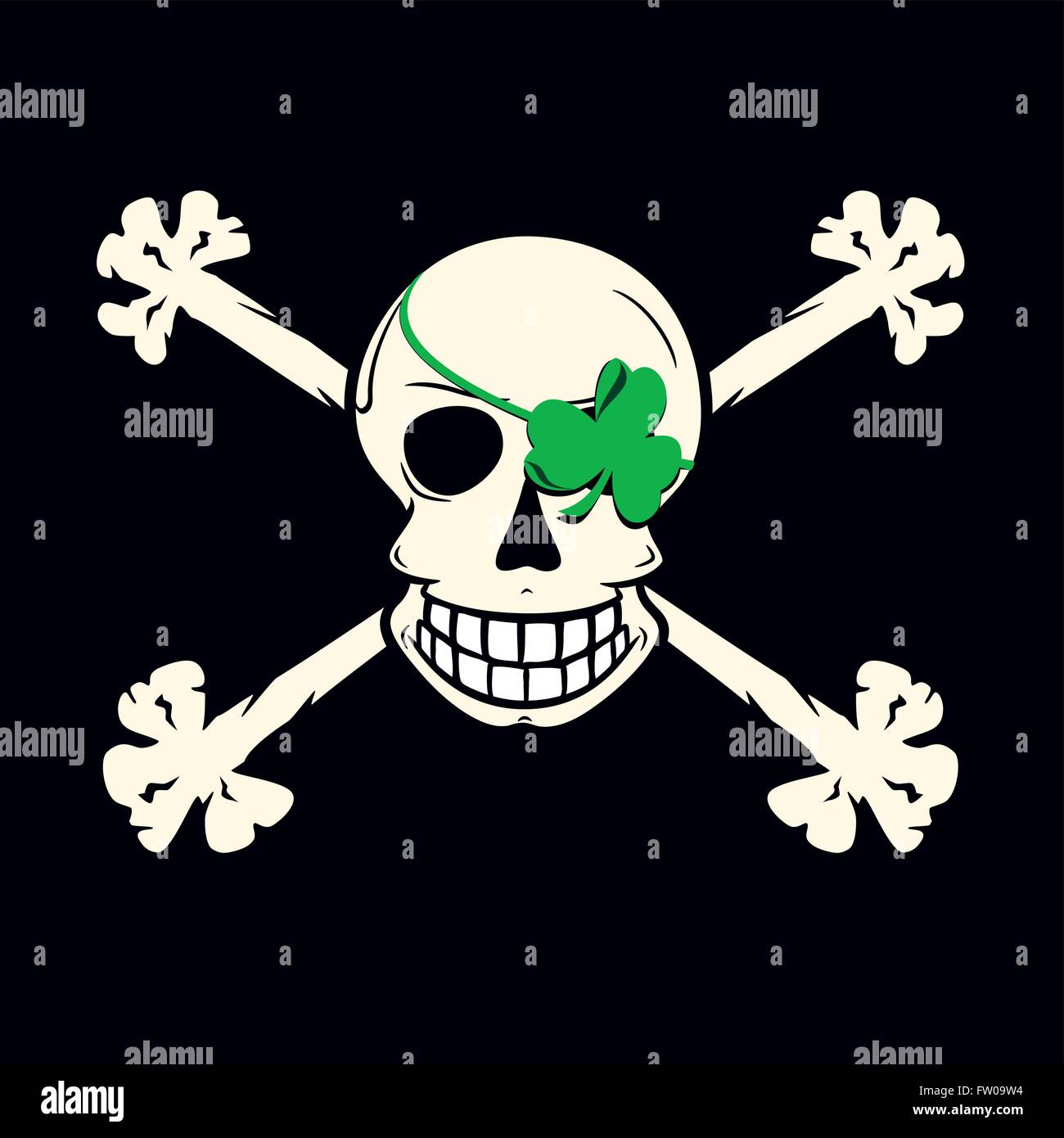 Jolly Roger a la Irish with green shamrock eyepatch, skull, bones and black background. Stock Vector