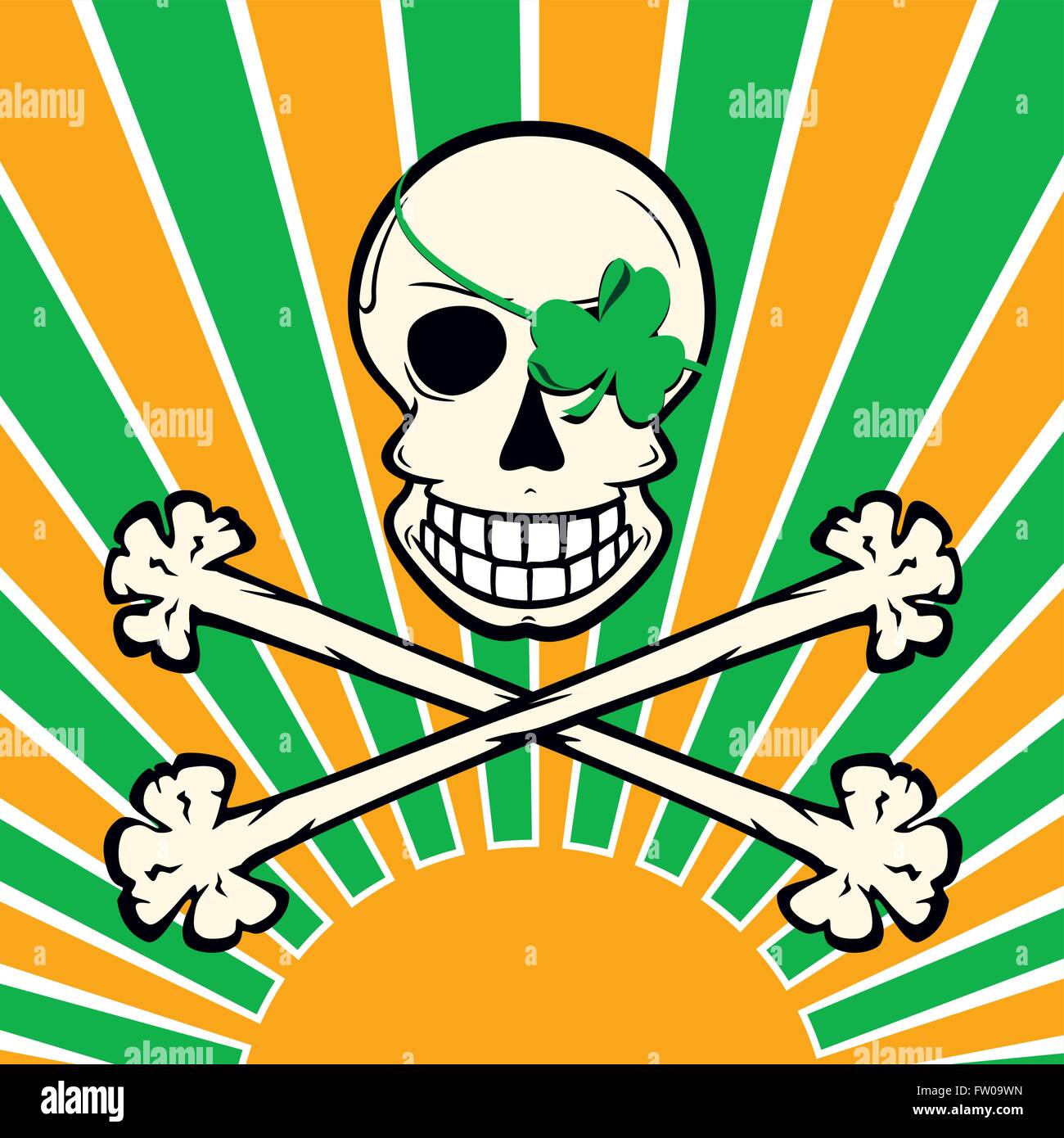 Jolly Roger a la Irish with shamrock eyepatch and sunset / sunrise in green white and orange with skull and crossbones. Stock Vector