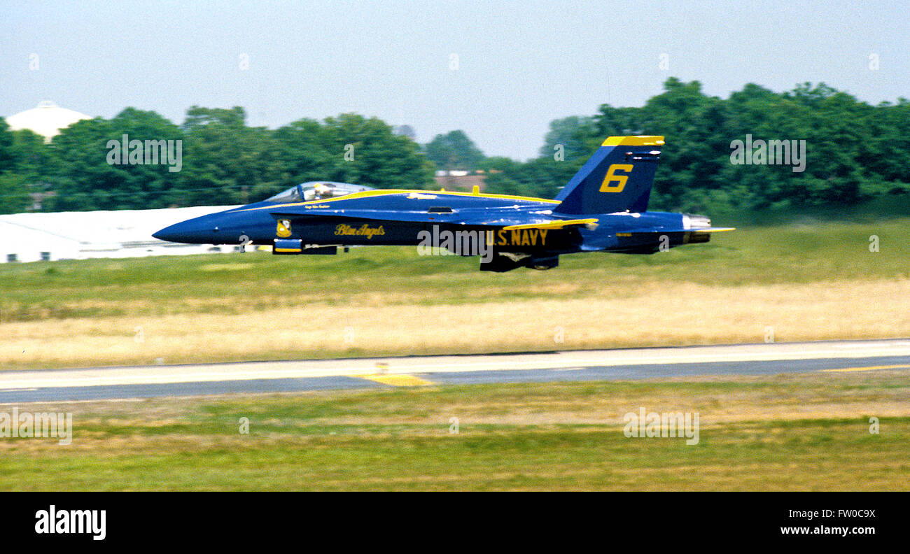 Camp Springs, Maryland, USA, May 1992 US Navy "Blue Angel" flies a low