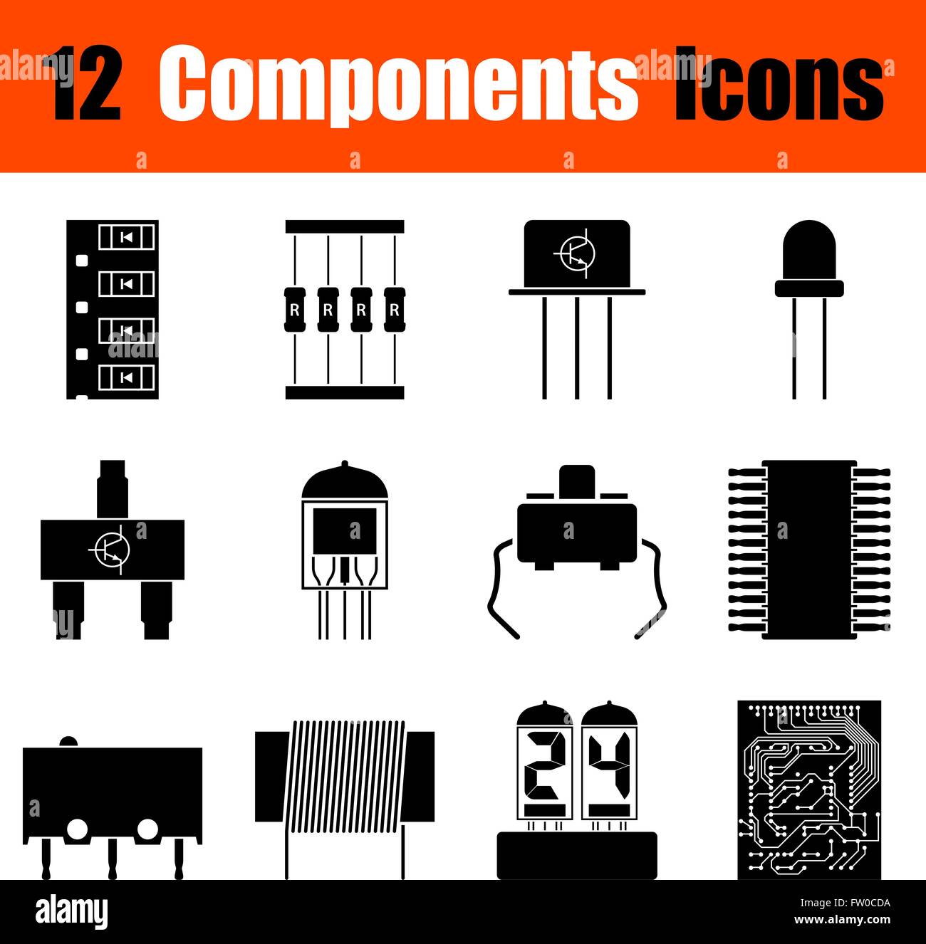 Set of twelve electronic components black icons. Vector illustration. Stock Vector