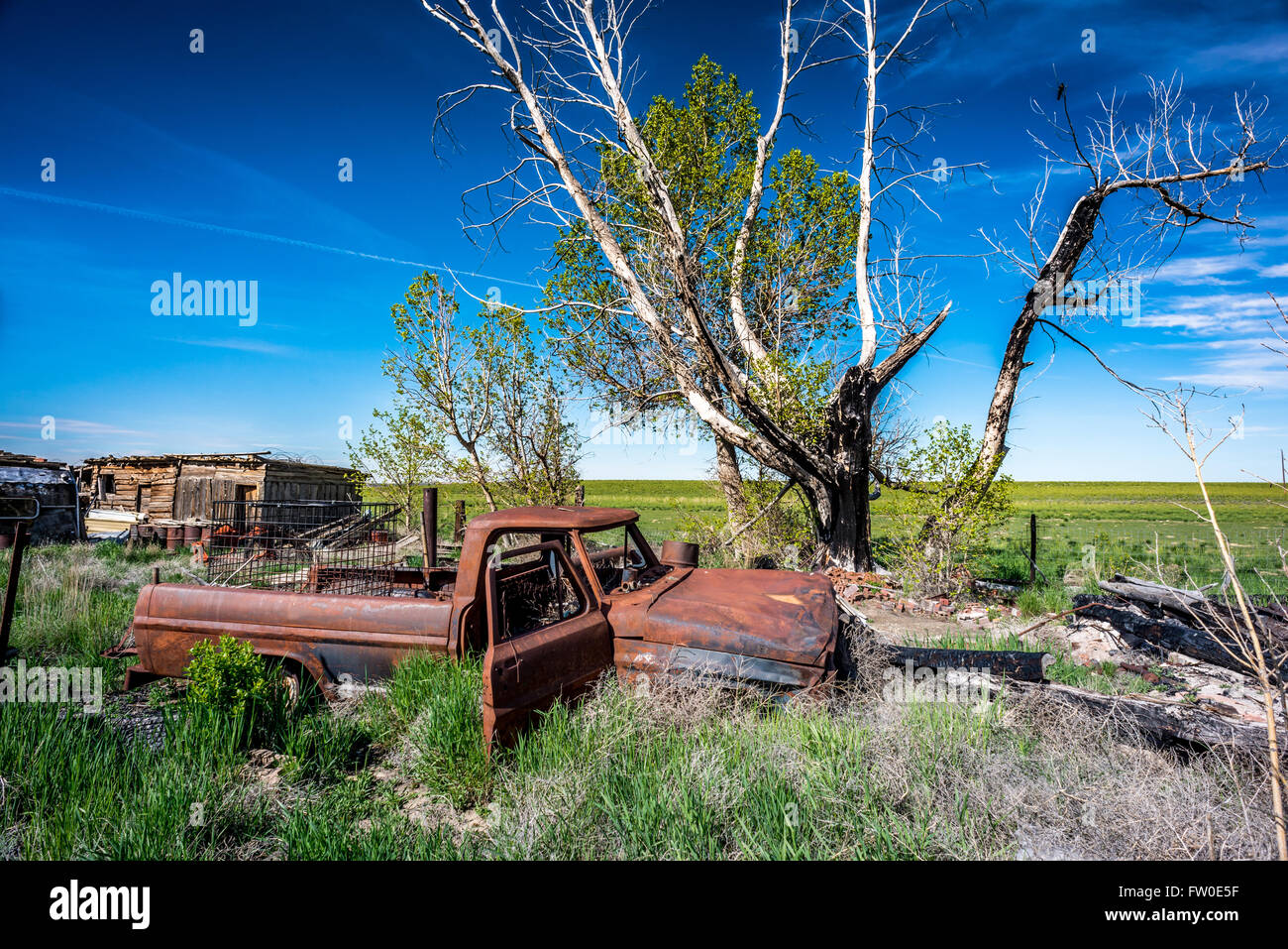 Abandoned Ford pickup truck rusting in a field in Wyoming Stock Photo ...