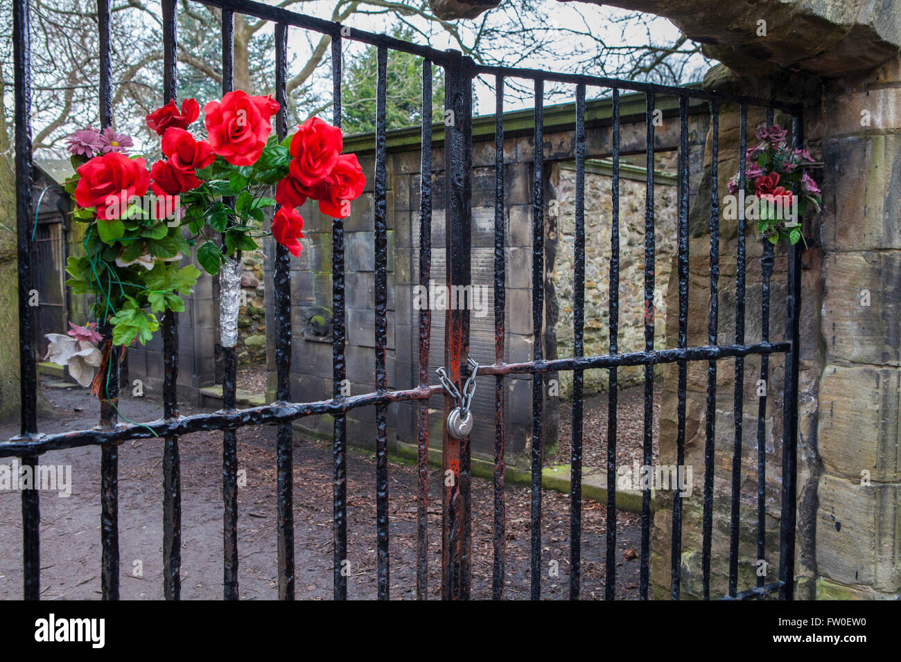 Gates in Greyfriars Cemetery in Edinburgh - behind these gates was the former historic Covenanters Prison. Stock Photo