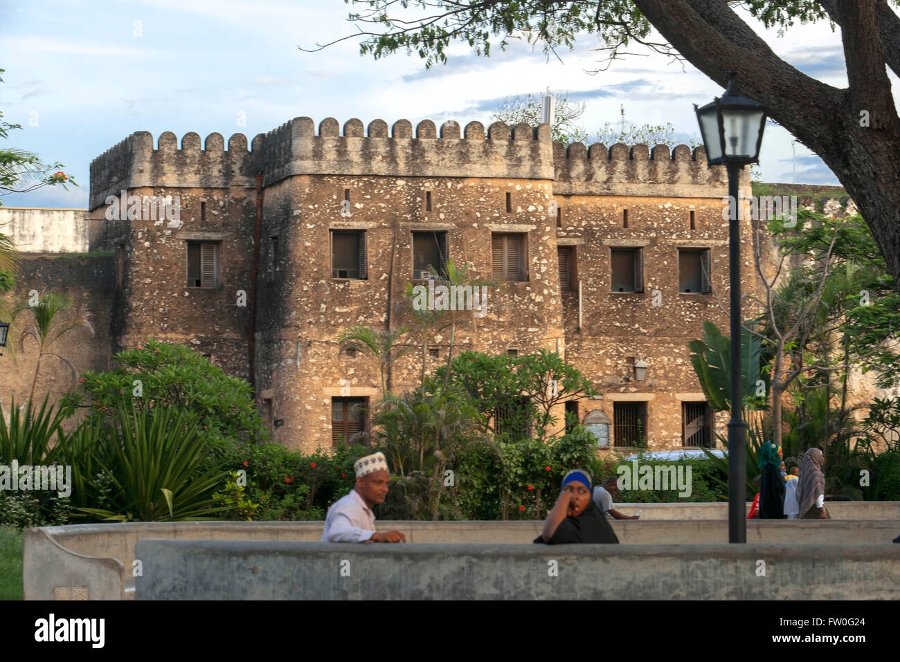 View of The Old Fort from Forodhani Gardens, Stone Town, Zanzibar, Tanzania. Stock Photo