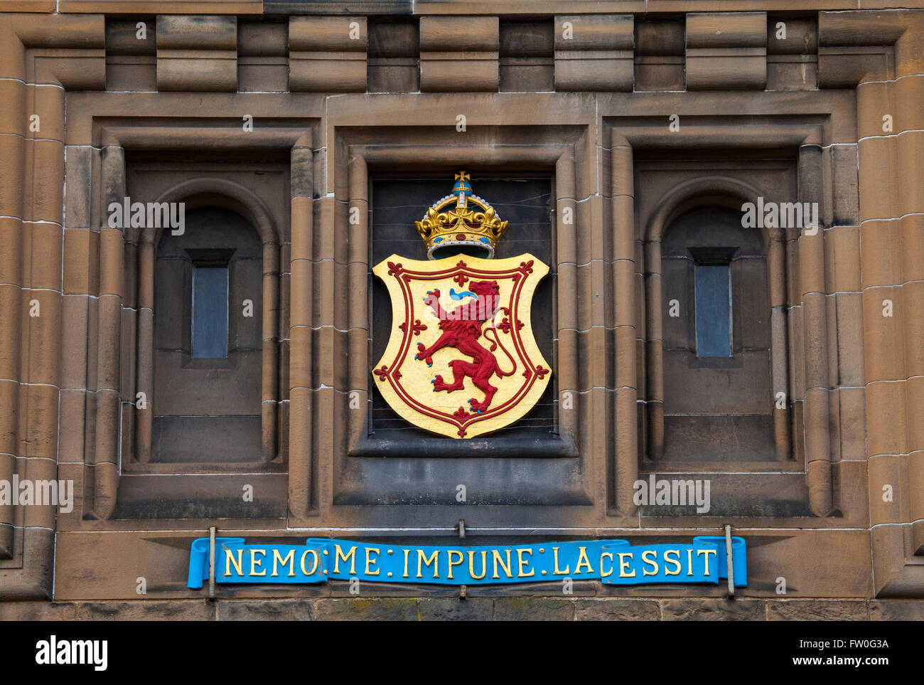 The Lion Rampant crest above the main entrance of Edinburgh Castle in Scotland. Stock Photo