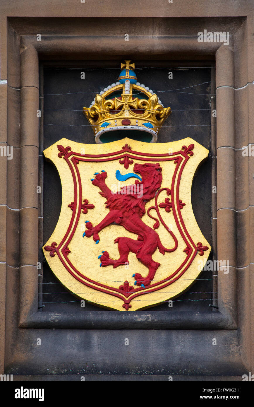 The Lion Rampant crest above the main entrance at Edinburgh Castle in Scotland. Stock Photo