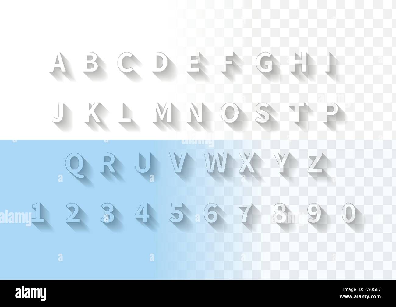 Transparent letters with long shadow font. Latin alphabet and numbers
