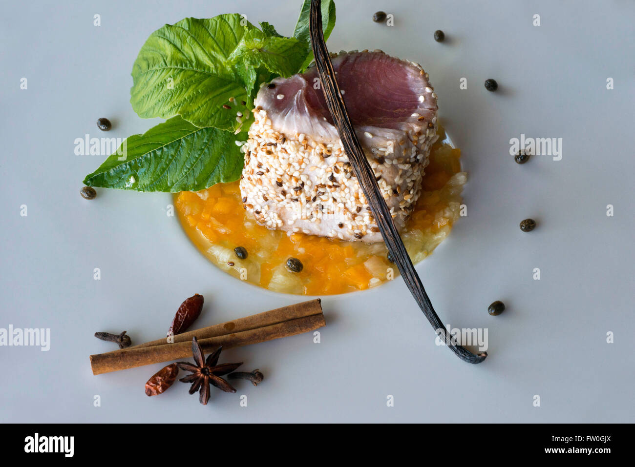 Fresh tuna dish with mix of styles Zanzibar and French, prepared by Raymond Beck in The Residence Hotel and restaurant. Raymond Stock Photo