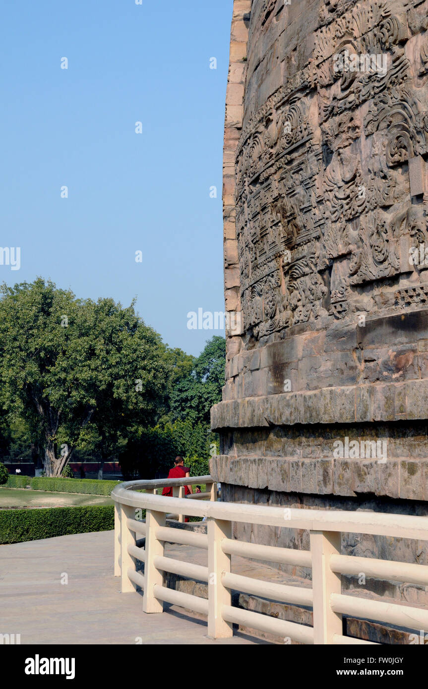 The Dhamekh Stupa at Sarnath, a complex of stupas and temples where Buddha gave his first sermon after receiving enlightenment. Stock Photo
