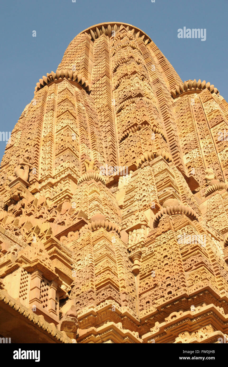 The detailed carving on a temple at the northern Indian city of Khajuraho in Madhya Pradesh. Stock Photo