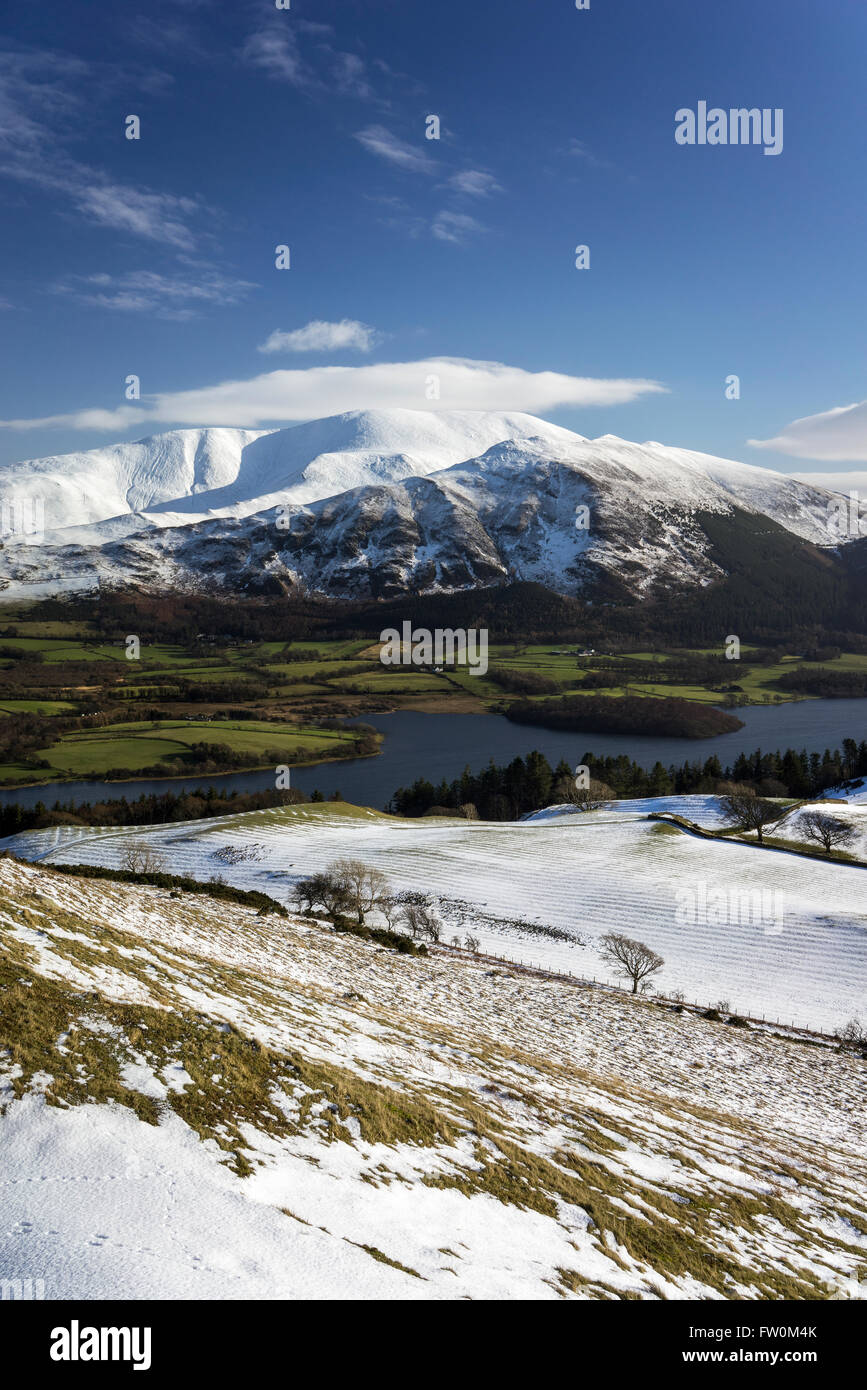 Winter views of Bassenthwaite Lake and Skiddaw from Sale Fell.  Lake District, Cumbria, England, UK Stock Photo