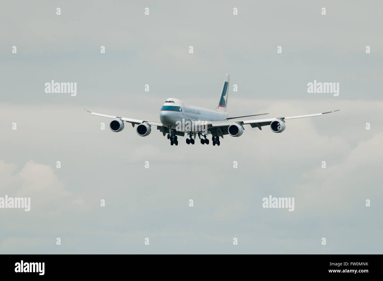 Cathay Pacific Boeing 747 Wide Body Cargo plane approach for a landing at Vancouver International Airport Stock Photo