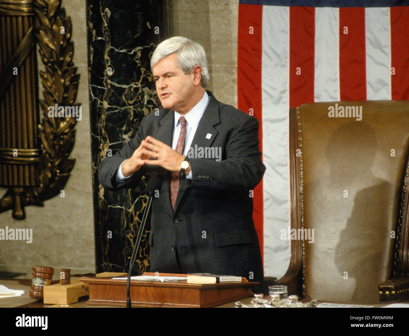 Washington, DC., USA, 4th January, 1995 Congressman Newt Gingrich is sworn in as the first Republican speaker of the House in 40 years during the opening session of the 104th U.S. Congress in Washington, D.C.,  He represented Georgia's 6th congressional district as a Republican from 1979 until his resignation in 1999, and served as the 58th Speaker of the U.S. House of Representatives from 1995 to 1999. Gingrich was a candidate for the 2012 Republican Party presidential nomination. Credit: Mark Reinstein Stock Photo