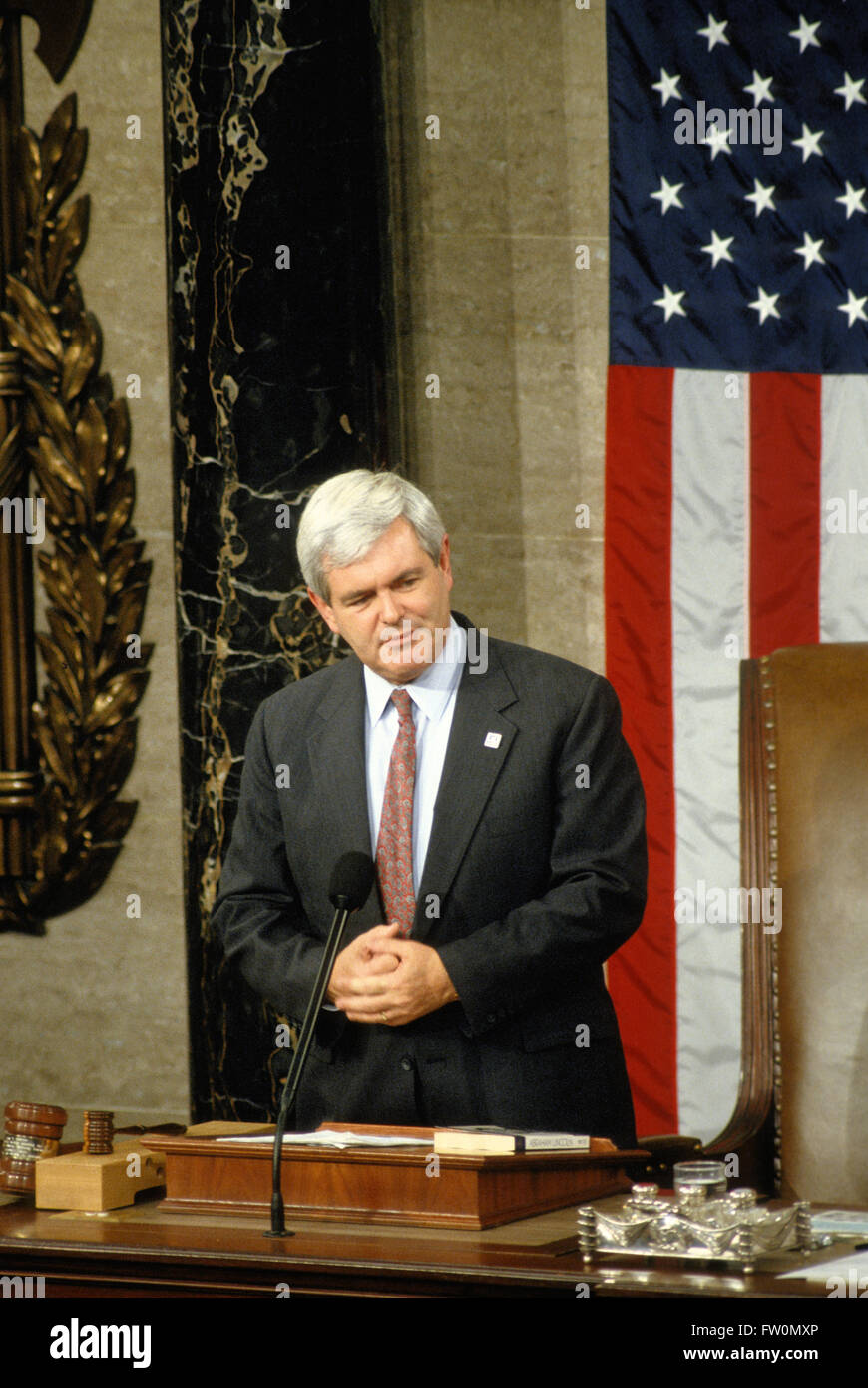 Washington, DC., USA, 4th January, 1995 Congressman Newt Gingrich is sworn in as the first Republican speaker of the House in 40 years during the opening session of the 104th U.S. Congress in Washington, D.C.,  He represented Georgia's 6th congressional district as a Republican from 1979 until his resignation in 1999, and served as the 58th Speaker of the U.S. House of Representatives from 1995 to 1999. Gingrich was a candidate for the 2012 Republican Party presidential nomination. Credit: Mark Reinstein Stock Photo