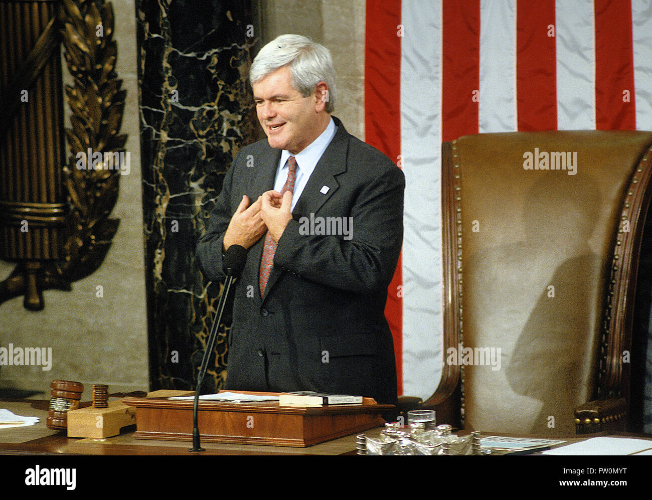 Washington, DC., USA, 4th January, 1995 Congressman Newt Gingrich is sworn in as the first Republican speaker of the House in 40 years during the opening session of the 104th U.S. Congress in Washington, D.C.,  He represented Georgia's 6th congressional district as a Republican from 1979 until his resignation in 1999, and served as the 58th Speaker of the U.S. House of Representatives from 1995 to 1999. Gingrich was a candidate for the 2012 Republican Party presidential nomination. Credit: Mark Reinstein Stock Photo