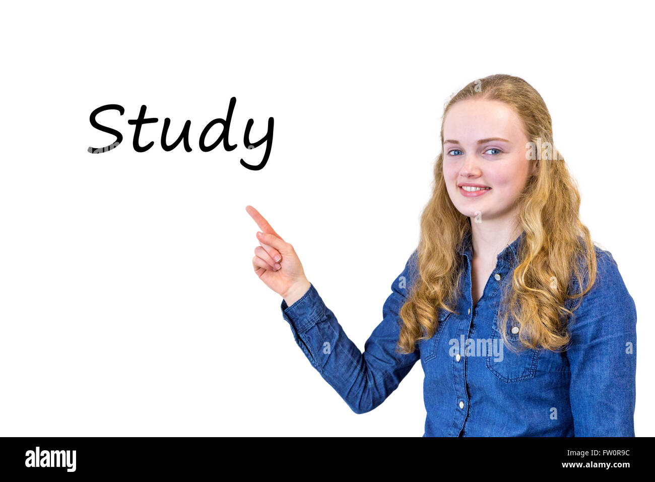 Caucasian female student pointing at word Study on white board Stock Photo