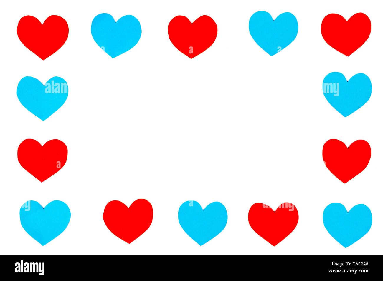 Frame of red and blue paper hearts with white isolated copy space Stock Photo