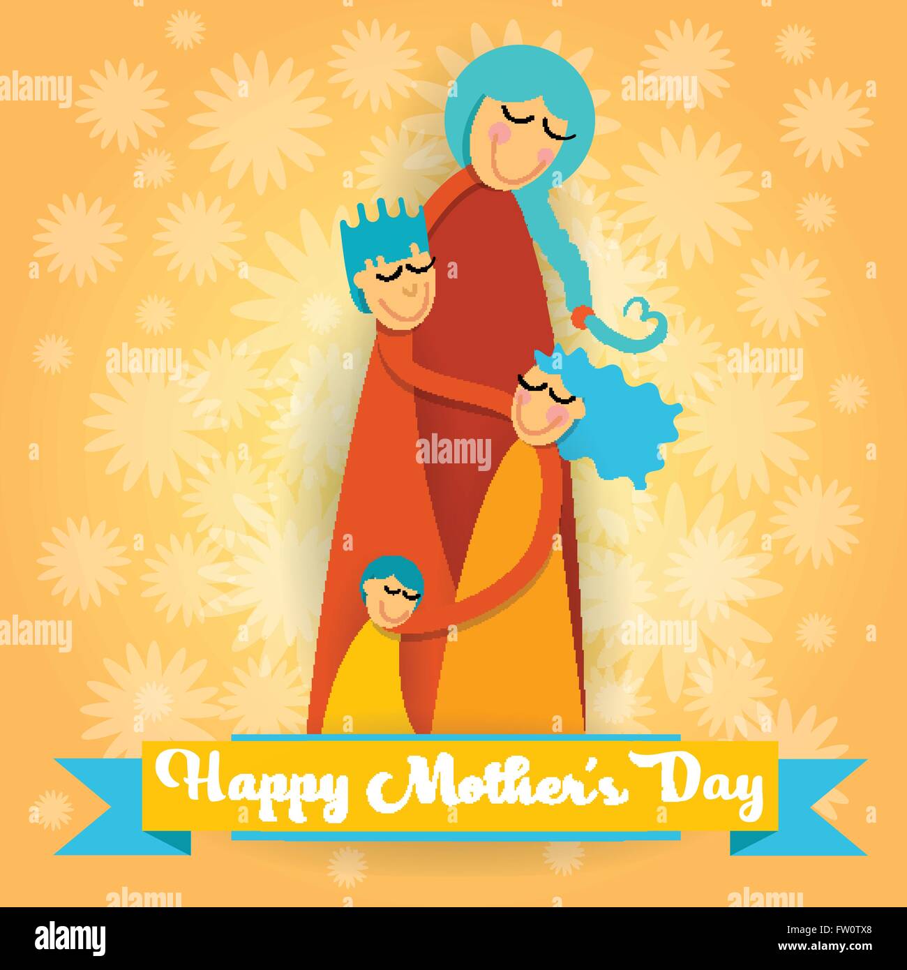Happy Mother Day, Family Love Three Children, Mom Boy and Girl Embrace Greeting Card Stock Vector