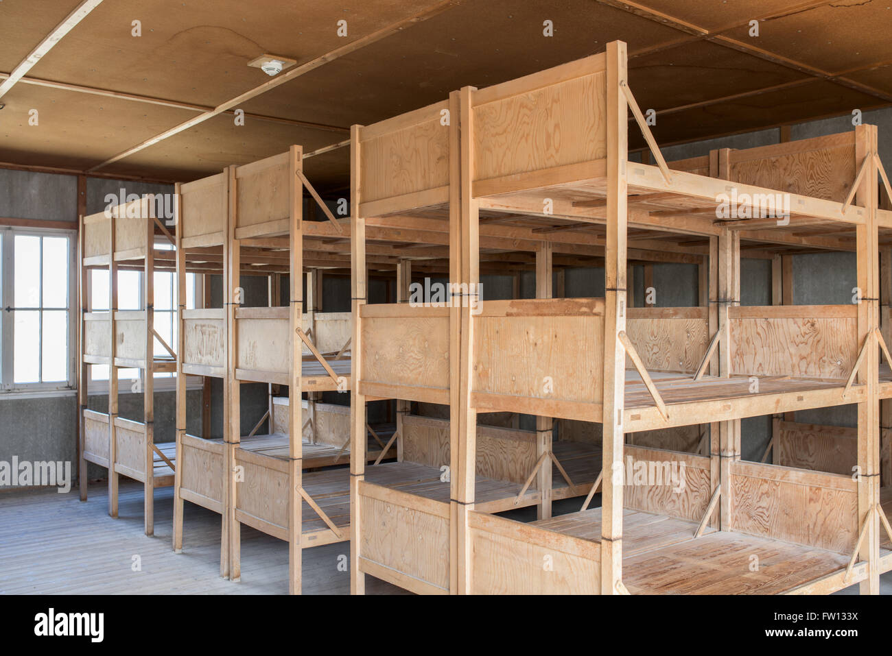 Prisoner bunks inside the barracks in Dachau concetration camp Stock Photo