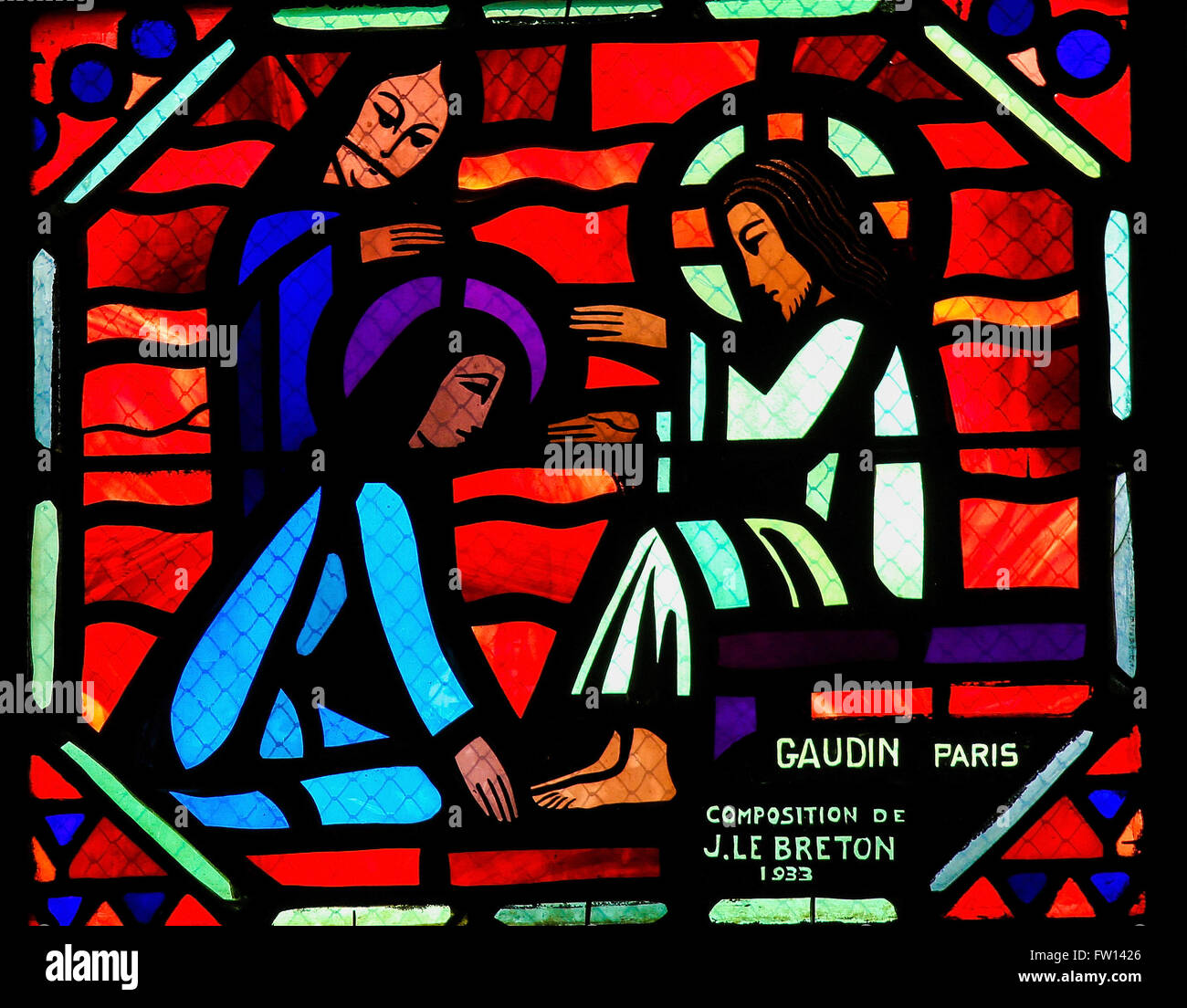 Mary Kneels Weeping before Christ with Martha, Stained Glass in the Cathedral of Amiens, France Stock Photo