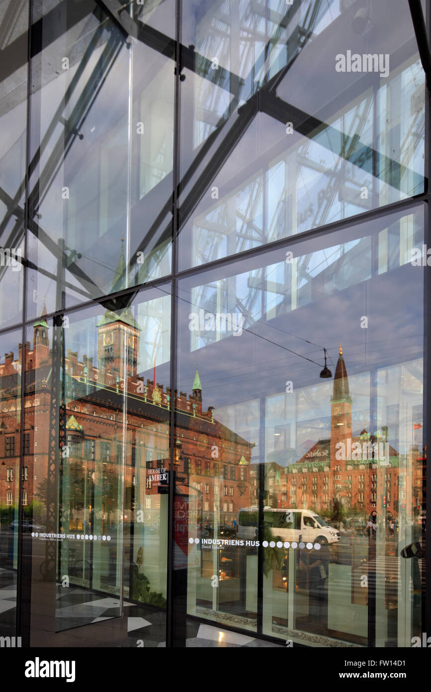 City Hall Square reflected in the windows, Copenhagen, Denmark Stock Photo