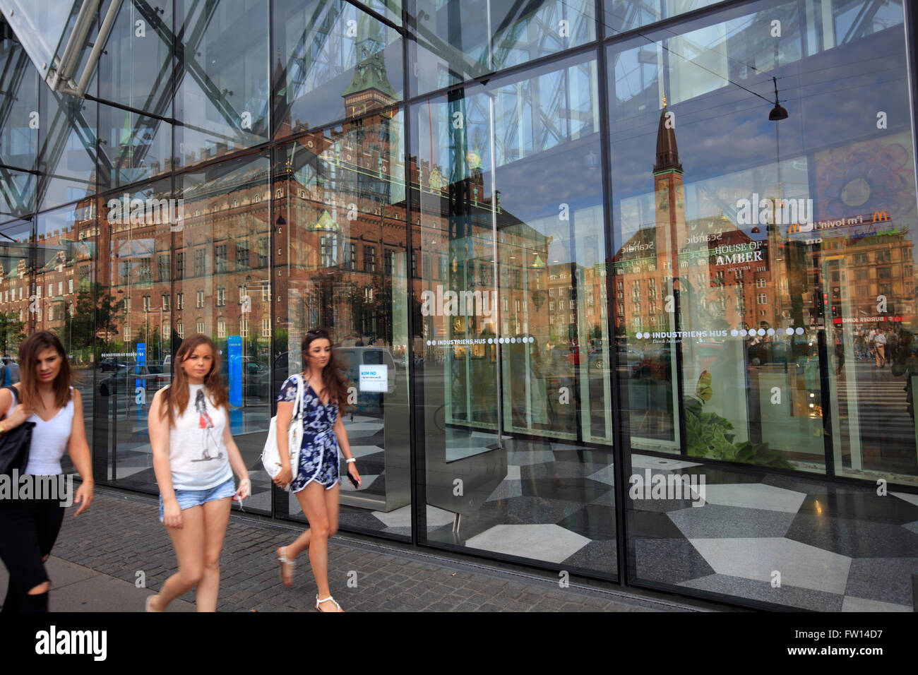 City Hall Square reflected in the windows, Copenhagen, Denmark Stock Photo