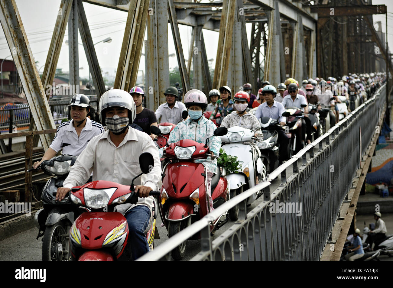 Morning traffic jam on Long Bien bridge in Hanoi, Vietnam Stock Photo