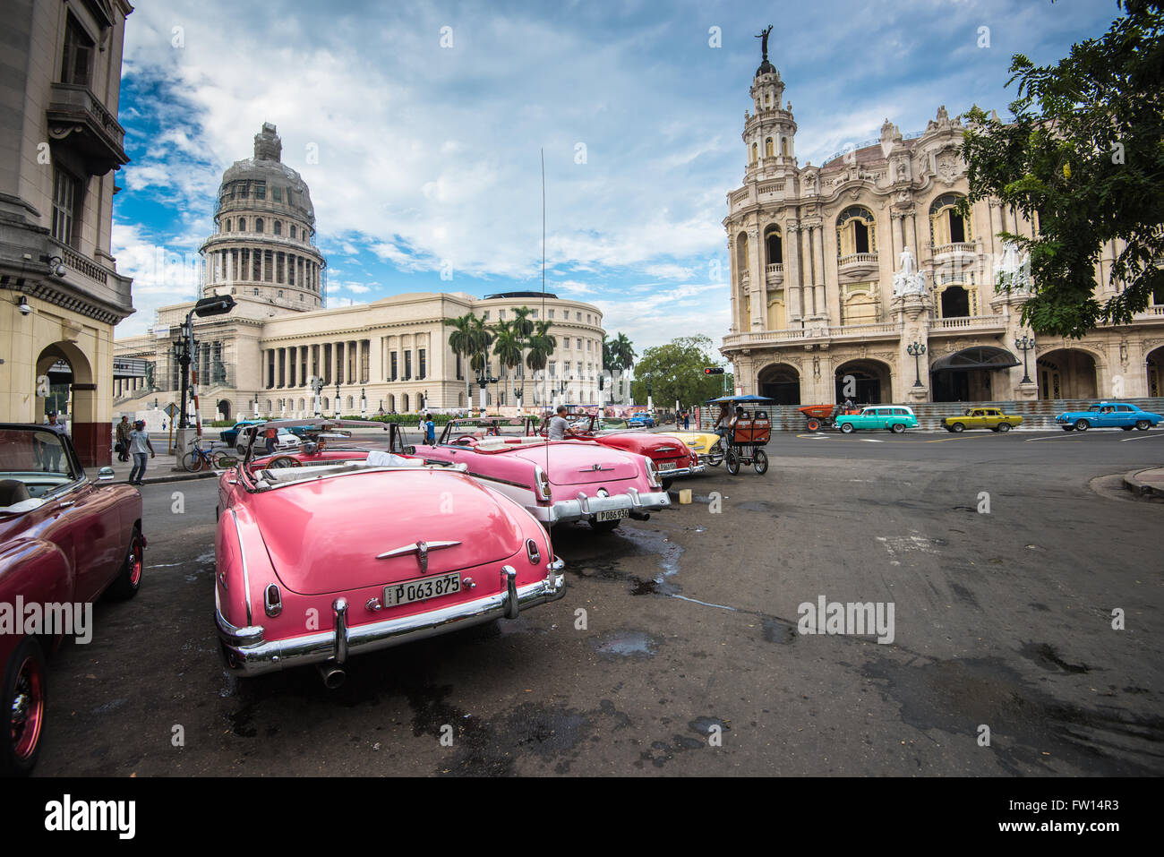 Havana, Cuba - September 22, 2015:  Classic american car and Capitolio landmark in Havana,Cuba. Havana is tourist most popular d Stock Photo