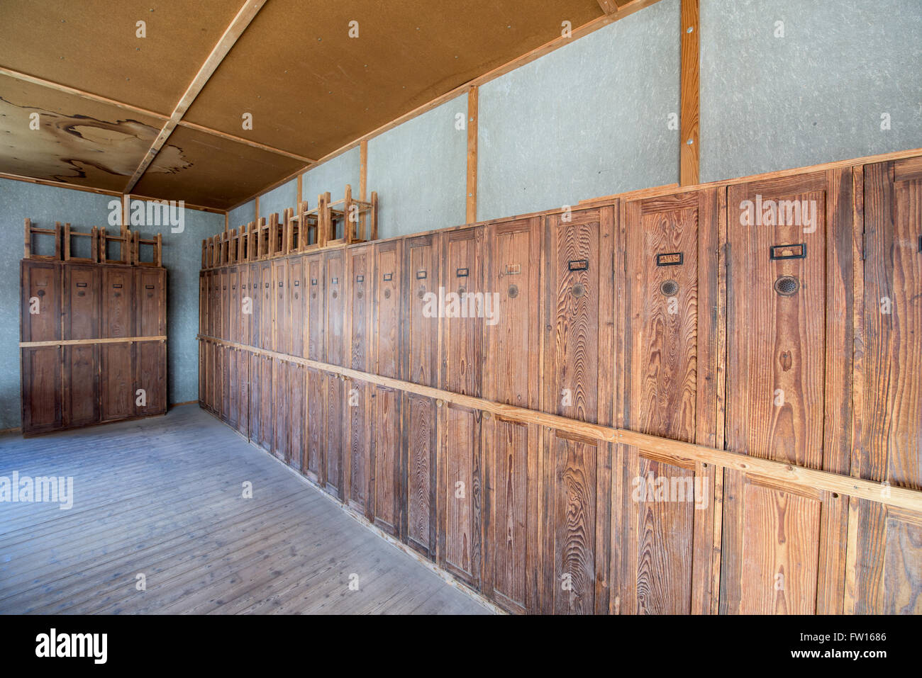 Prisoners' lockers inside the barracks in Dachau concentration camp Stock Photo
