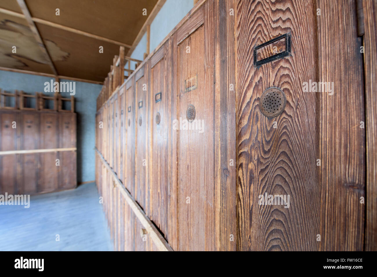 Prisoners' lockers inside the barracks in Dachau concentration camp Stock Photo