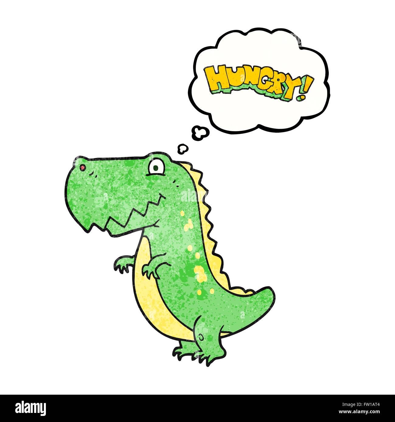 freehand drawn thought bubble textured cartoon hungry dinosaur Stock Vector