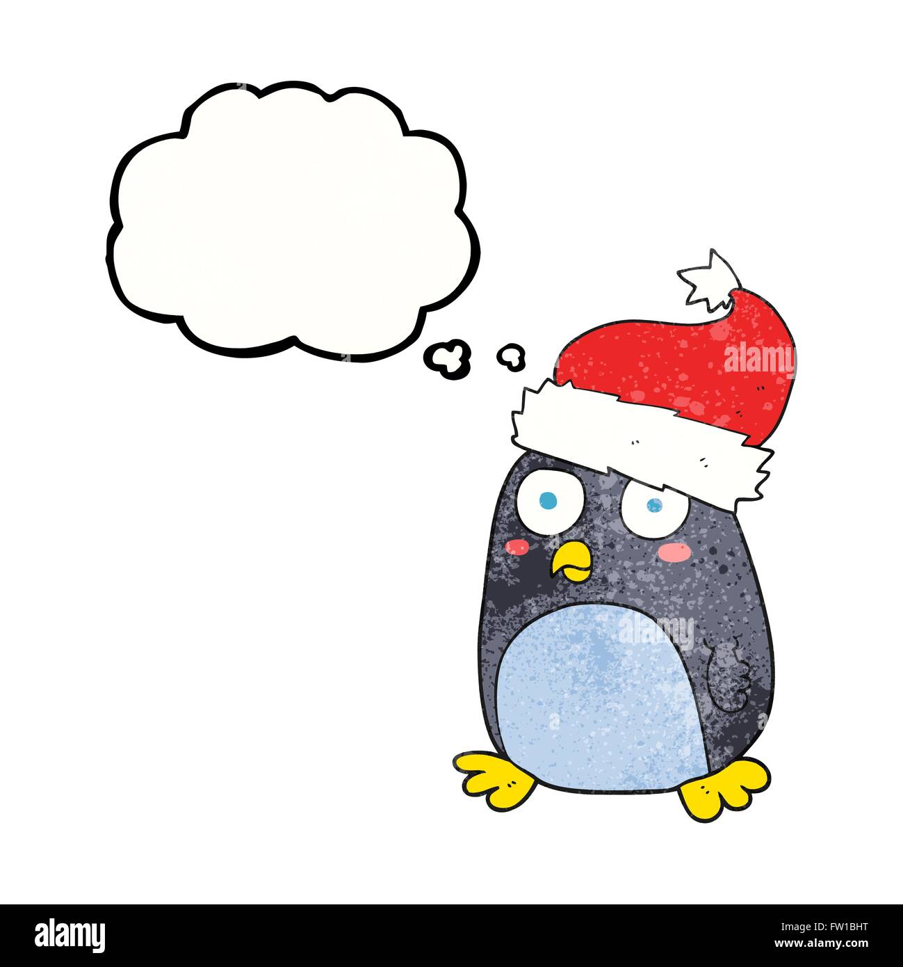 freehand drawn thought bubble textured cartoon penguin in christmas hat Stock Vector