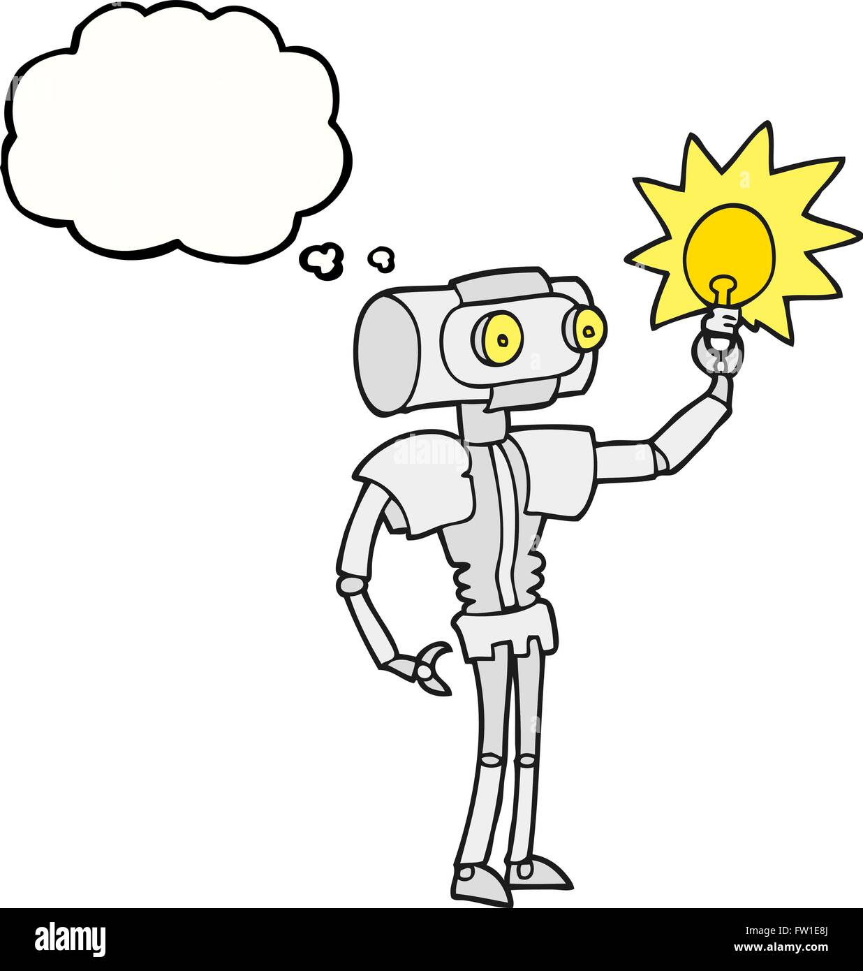 freehand drawn thought bubble cartoon robot with light bulb Stock ...