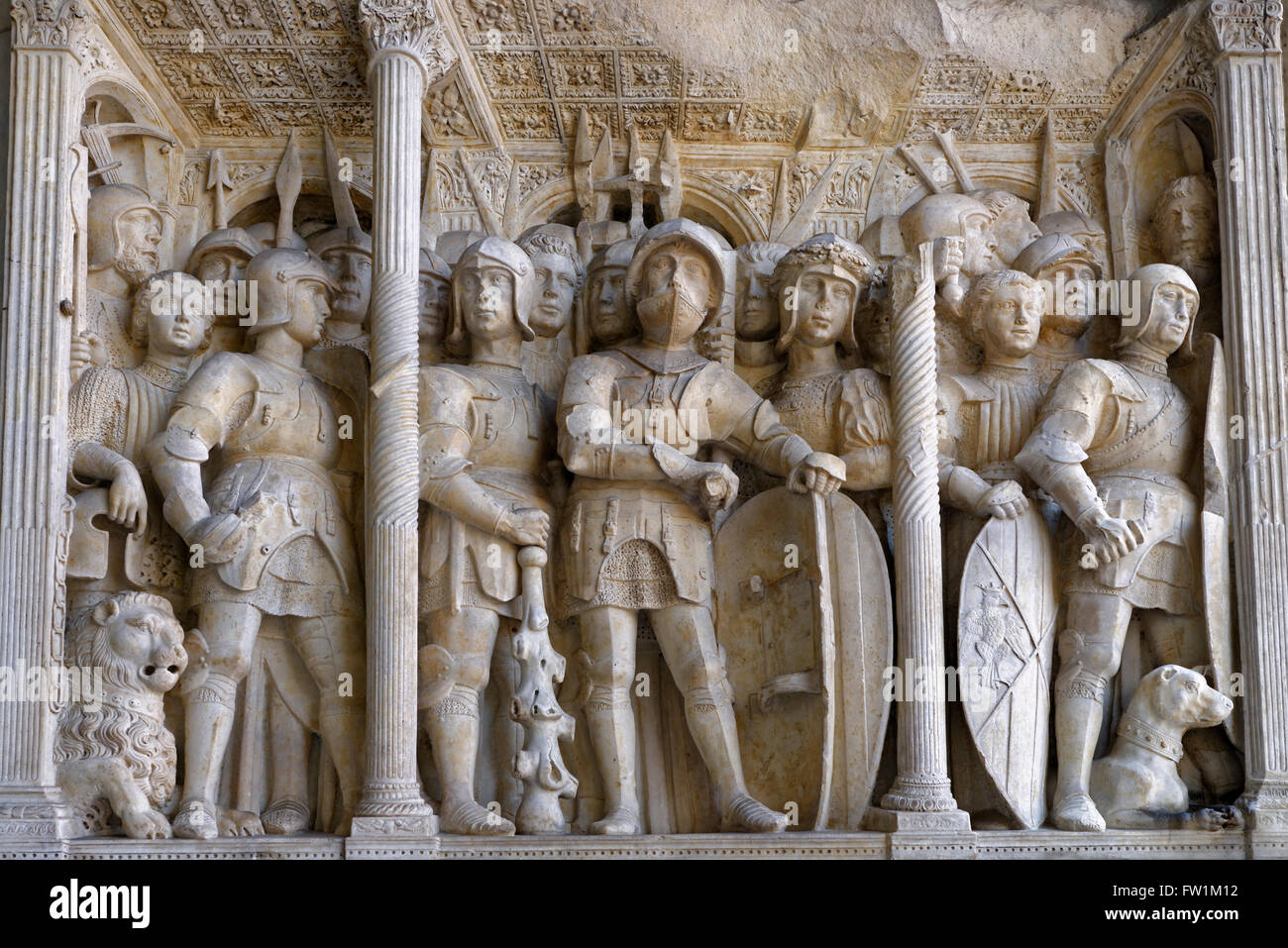 Relief at the entrance, Aragonian soldiers, Arco di Trionfo, Castel Nuovo, Naples, Campania, Italy Stock Photo