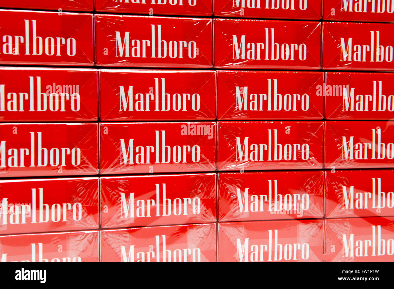 Selection of Marlboro Cigarettes on sale in a tobacconist. Stock Photo