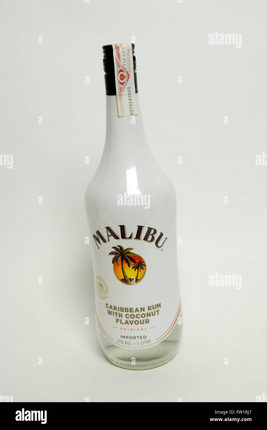 Malibu is a brand of rum, flavored with liqueur, possessing an alcohol content by volume of 21.0% Stock Photo